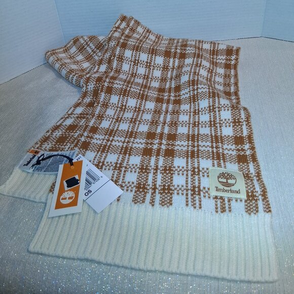 Timberland Retro Plaid Scarf Brown Ivory Ribbed Edge Comfy Warm Soft Cabin New - Picture 1 of 4